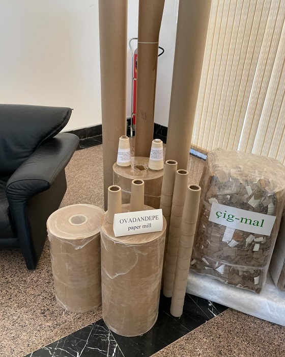 Recovered materials, paper rolls and cardboard cores displayed at Owadandepe